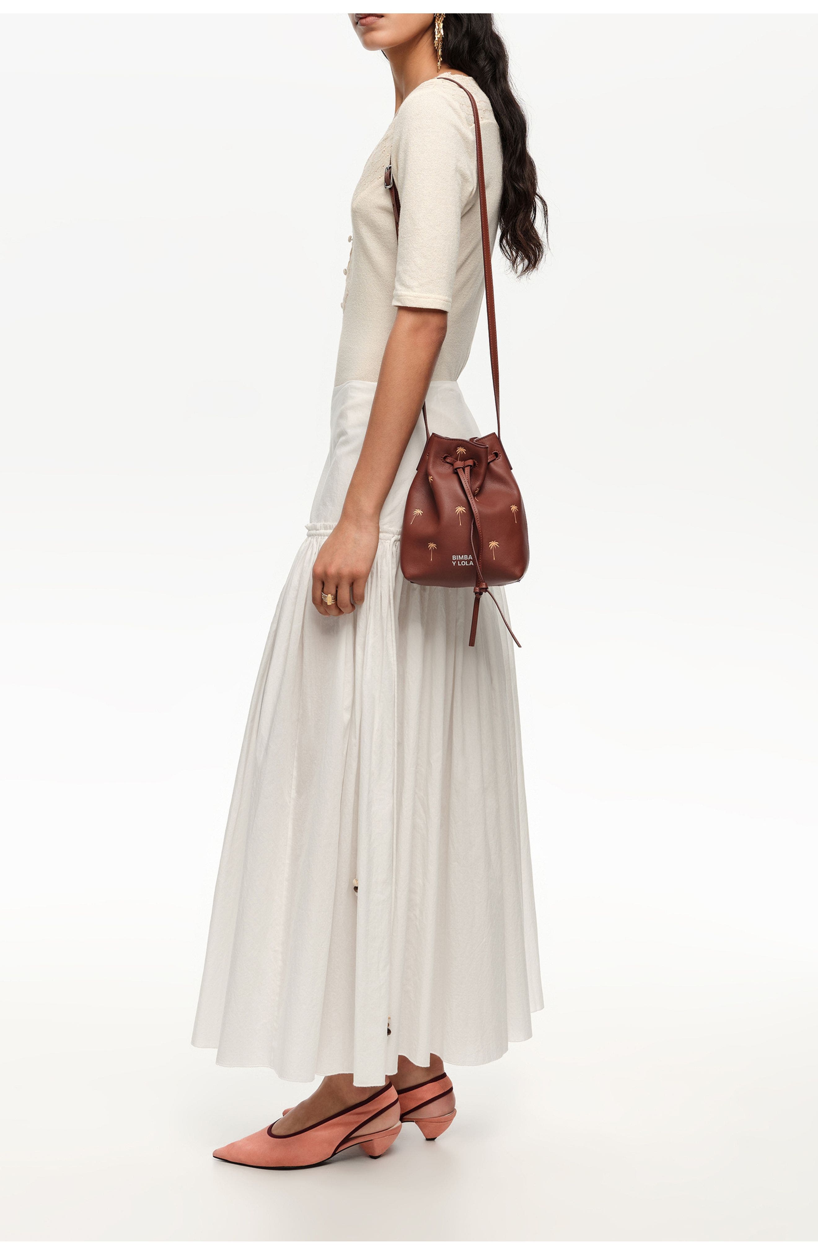 Bimba y Lola Small Palms print leather Carlino bucket bag, Alternate, color, Nut