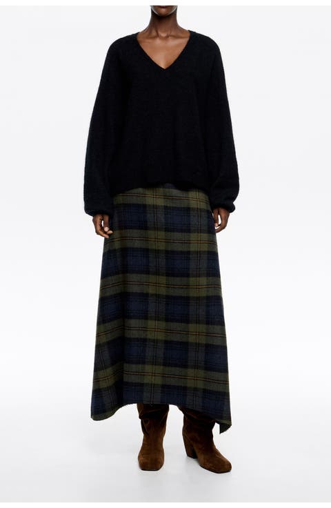 Checked Wool A-Line Skirt