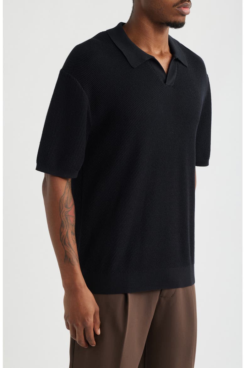 Diagonal Stitch Short Sleeve Polo Sweater, Alternate, color, BLACK
