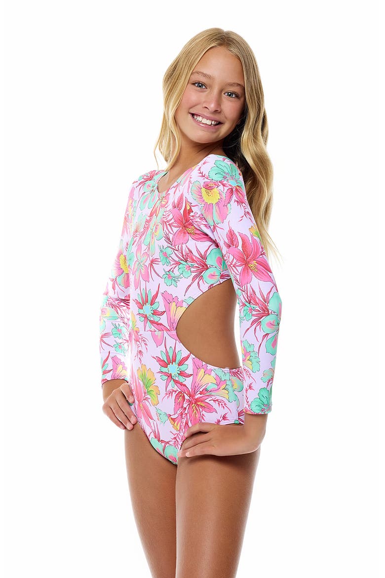 Kids' Glistening Garden Long Sleeve One-Piece Rashguard Swimsuit, Alternate, color, MULTI