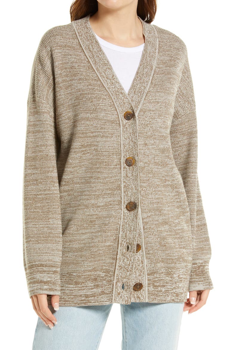 Cotton Blend Marled Cardigan, Alternate, color, BEIGE OAT HEATHER BROWN