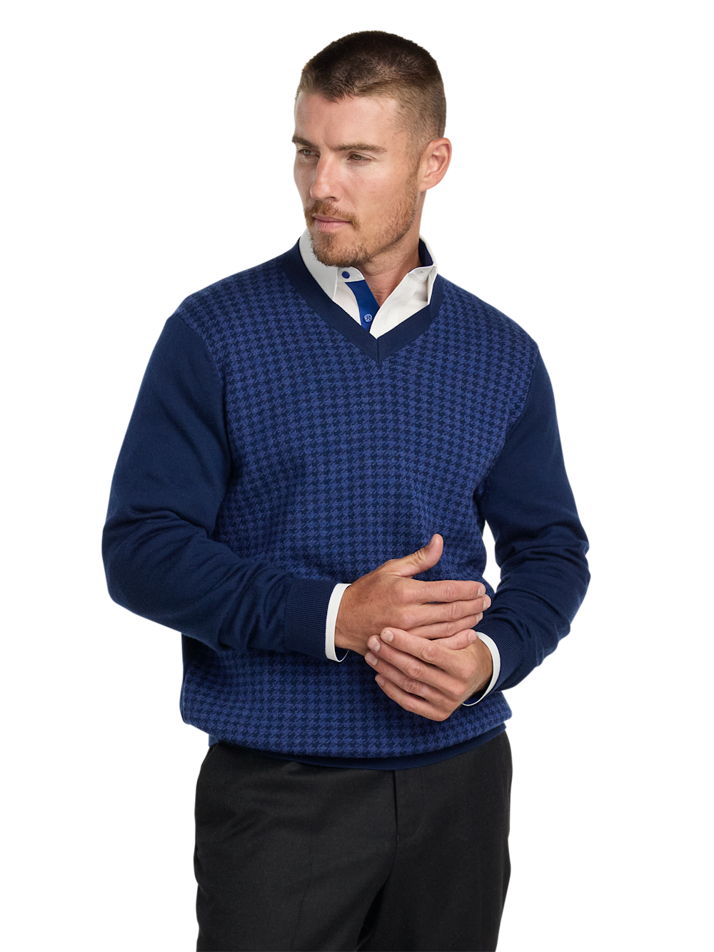 Washable Merino Wool Houndstooth V-neck Sweater - image 2