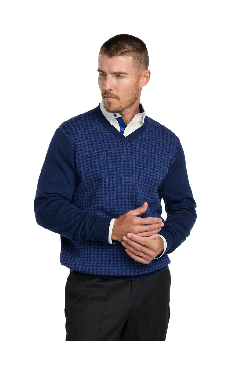 Paul Fredrick Washable Merino Wool Houndstooth V-neck Sweater, Alternate, color, Blue