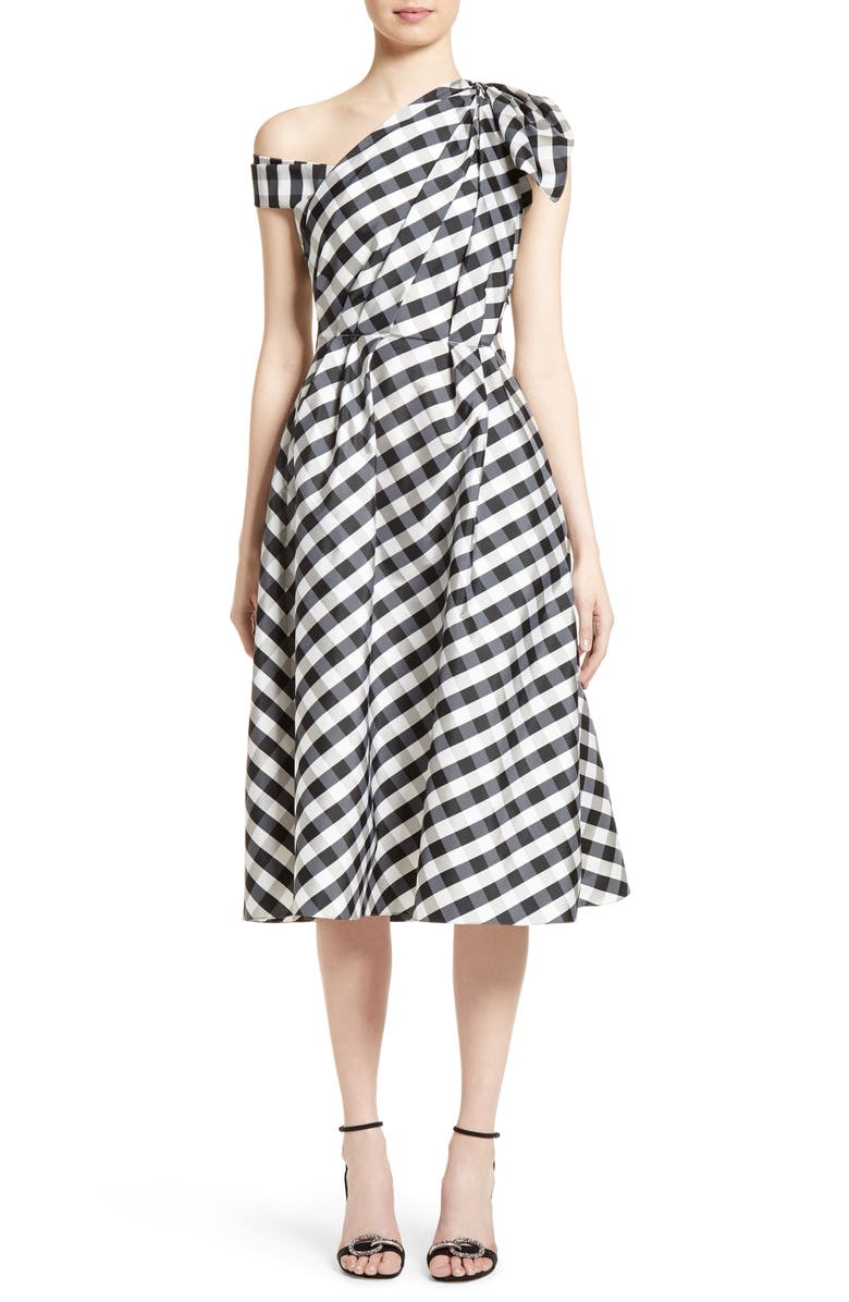 Carolina Herrera Bow Detail One-Shoulder Gingham Dress, Main, color, 