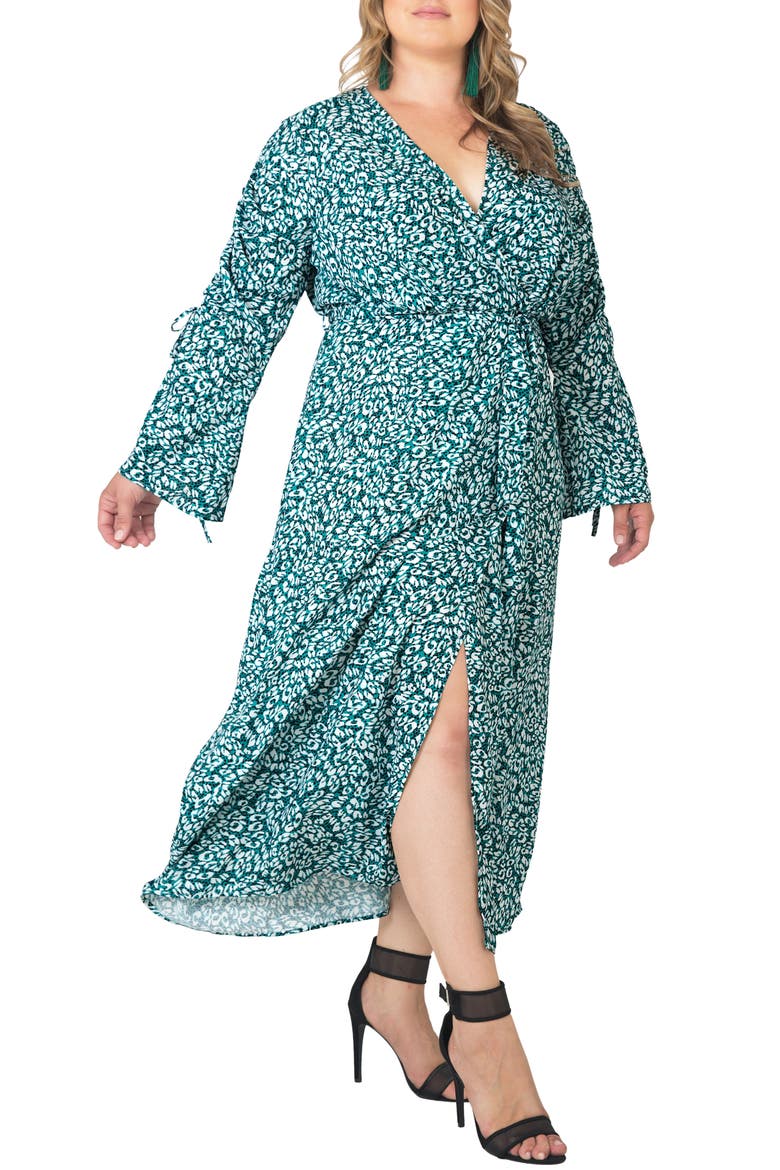 Ruched Long Sleeve Wrap Maxi Dress, Alternate, color, GREEN LEOPARD