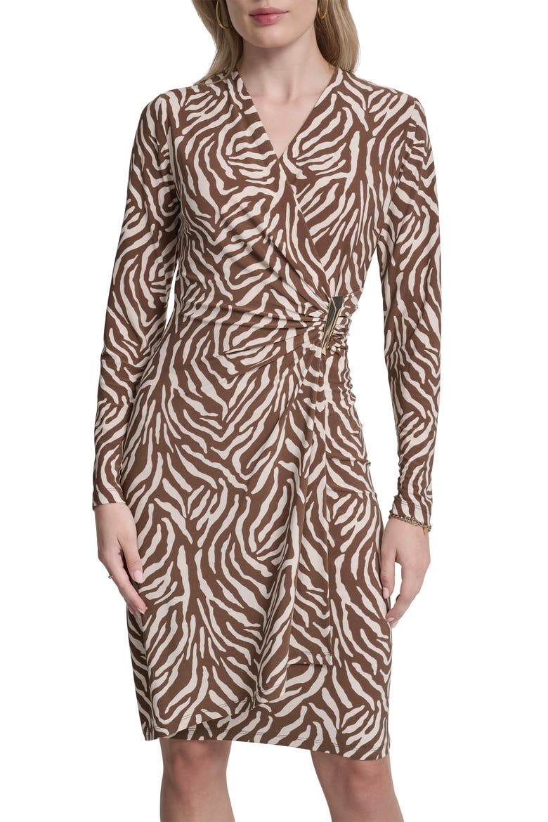 Faux Wrap Drape Long Sleeve Sheath Dress, Alternate, color, FONDUE/ WHITE