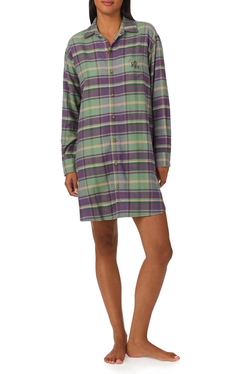 Lauren Ralph Lauren Plaid Cotton Blend Herringbone Sleep Shirt, Main, color, 