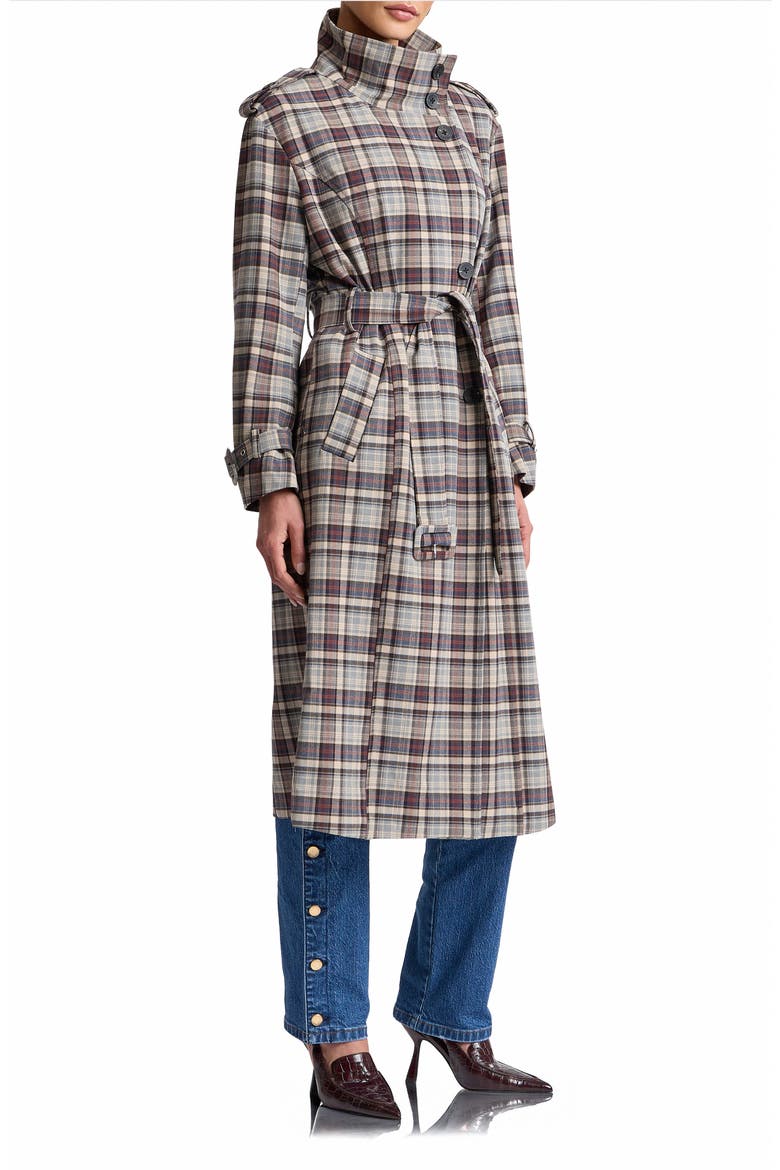 Relaxed Belted Funnel Neck Coat, Alternate, color, GREY - BLUE PLAID