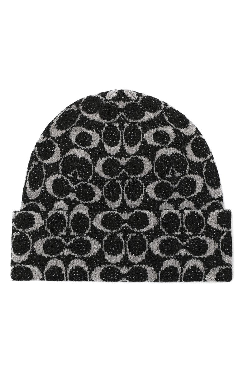 COACH Metallic Signature Knit Beanie, Main, color, Black