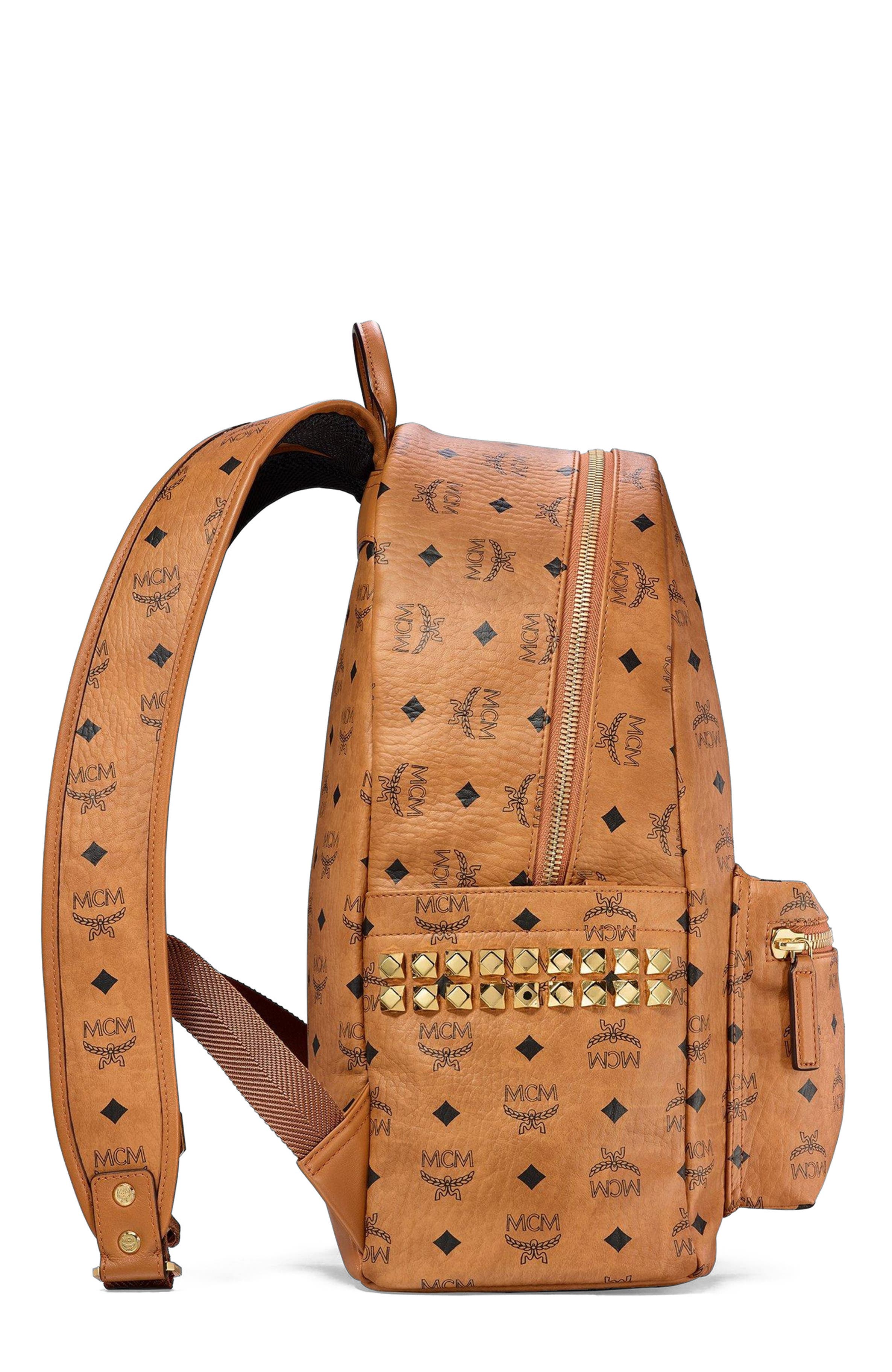 MCM Stark Side Studs Backpack in Visetos, Alternate, color, Cognac