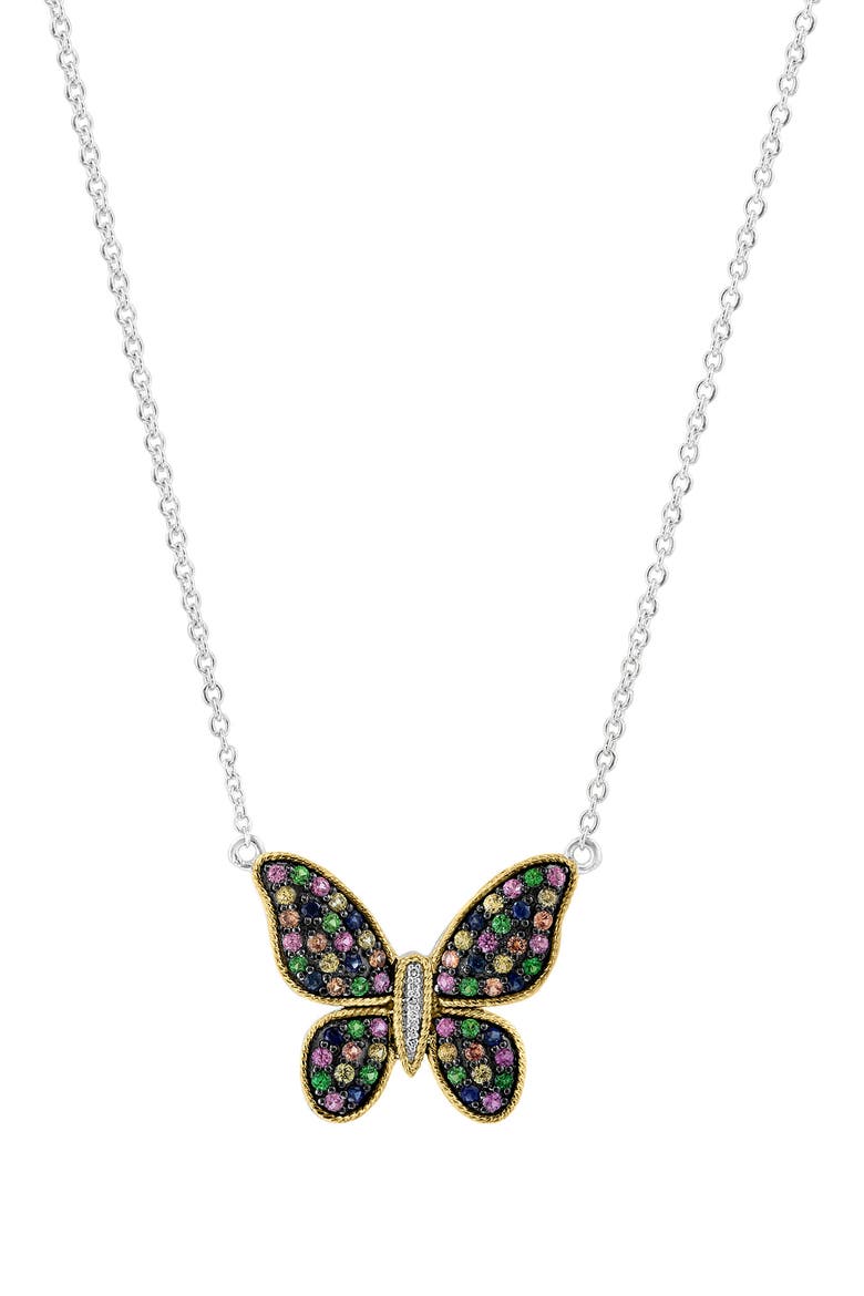 Semiprecious Stone & Diamond Butterfly Pendant Necklace, Alternate, color, GOLD/ SILVER MULTI