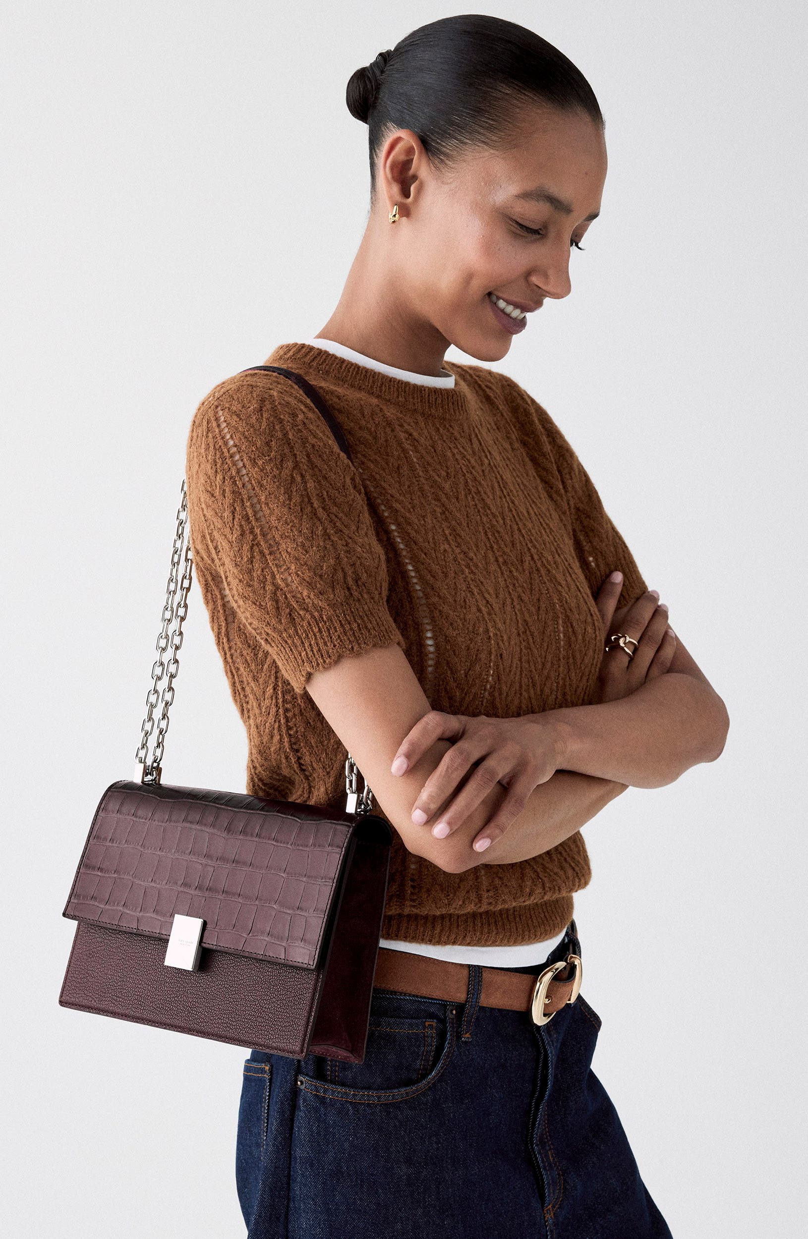 Deco Croc Embossed Leather Shoulder Bag, Alternate, color, BLACKBERRY JAM