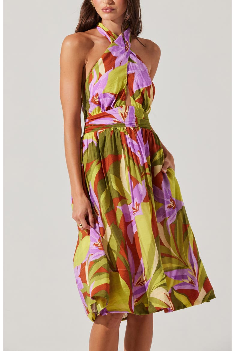 Kalia Floral Halter Neck Dress, Alternate, color, GREEN RUST FLORAL