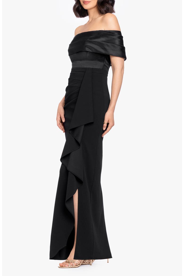 Mixed Media Off the Shoulder Cascade Ruffle Gown, Alternate, color, BLACK/ BLACK