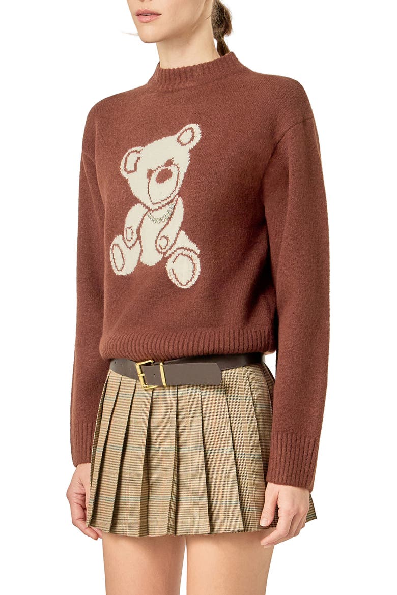 Teddy Bear Embellished Crewneck Sweater, Alternate, color, BROWN/ WHITE