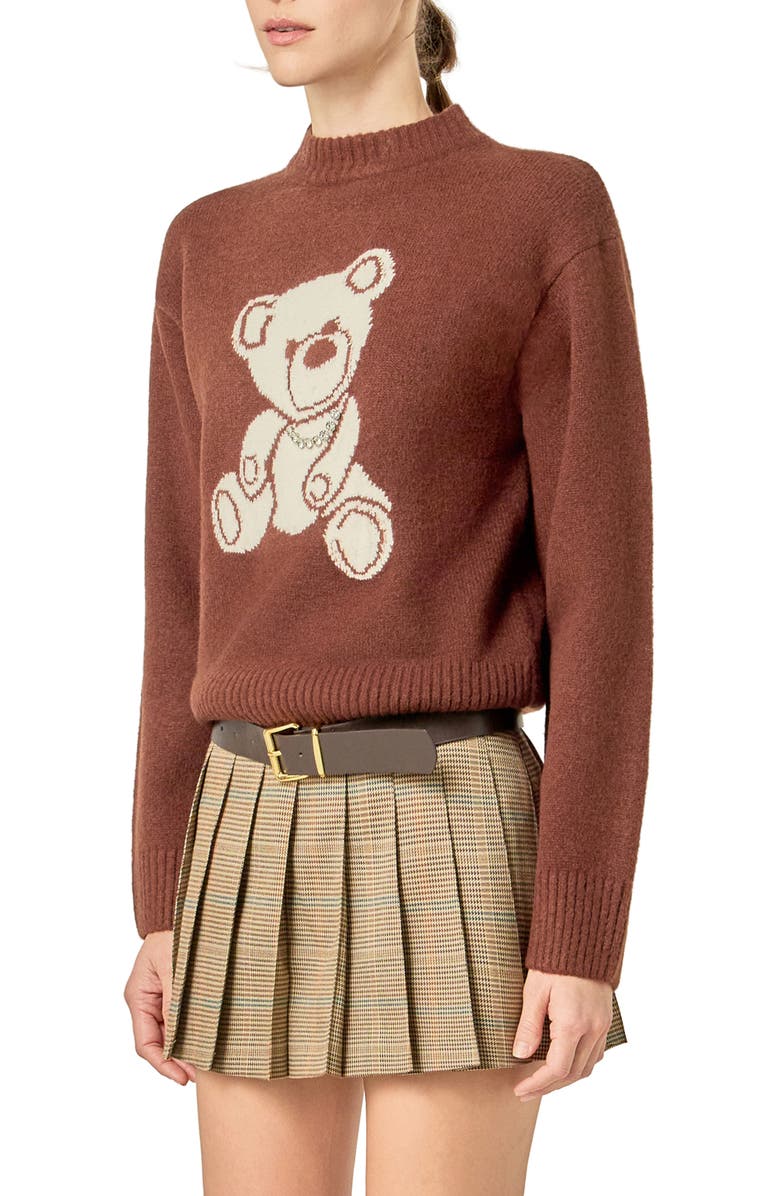 English Factory Teddy Bear Embellished Crewneck Sweater, Alternate, color, Brown/ White