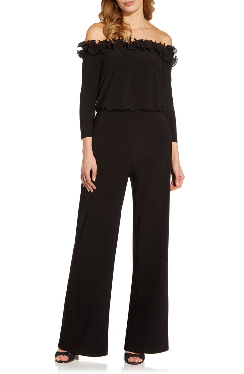 Adrianna Papell Ruffle Off the Shoulder Blouson Bodice Jumpsuit, Main, color, 