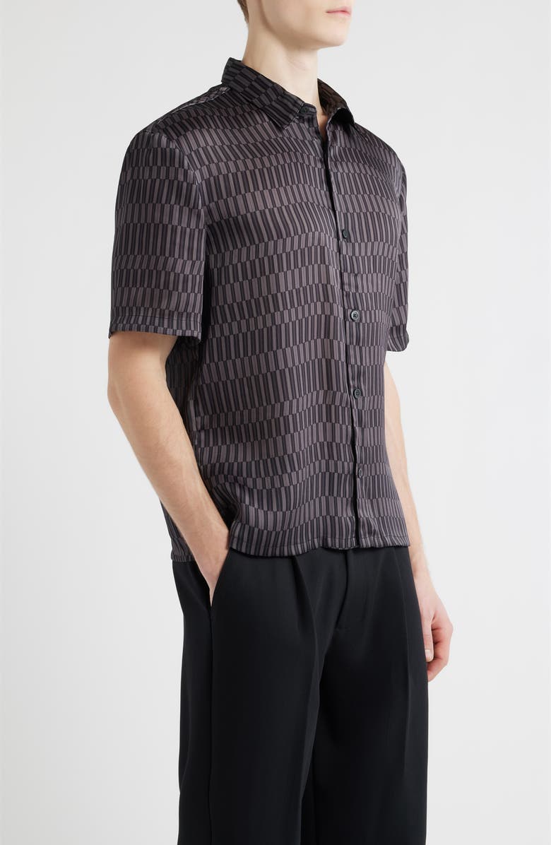 Open Edit Oversize Geo Print Short Sleeve Silk Button-Up Shirt, Alternate, color, Black Eccentric Lines