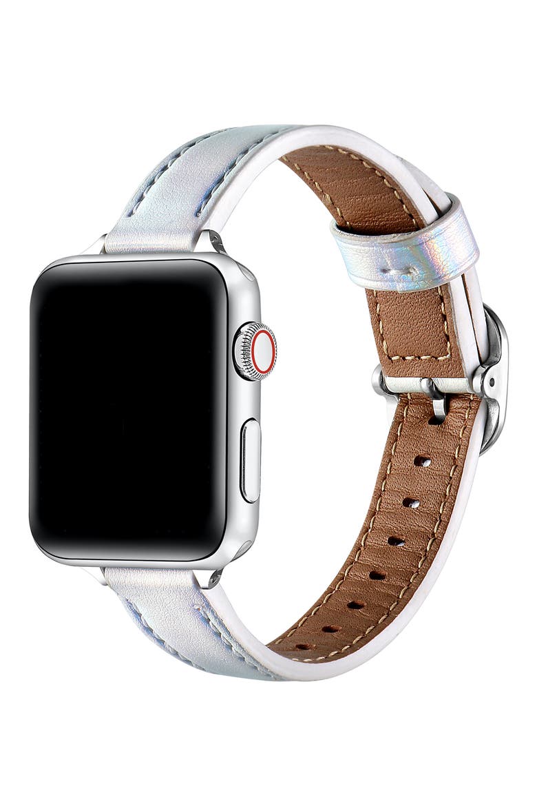 Carmen Skinny Metallic Leather Apple Watch® Watchband, Alternate, color, SILVER