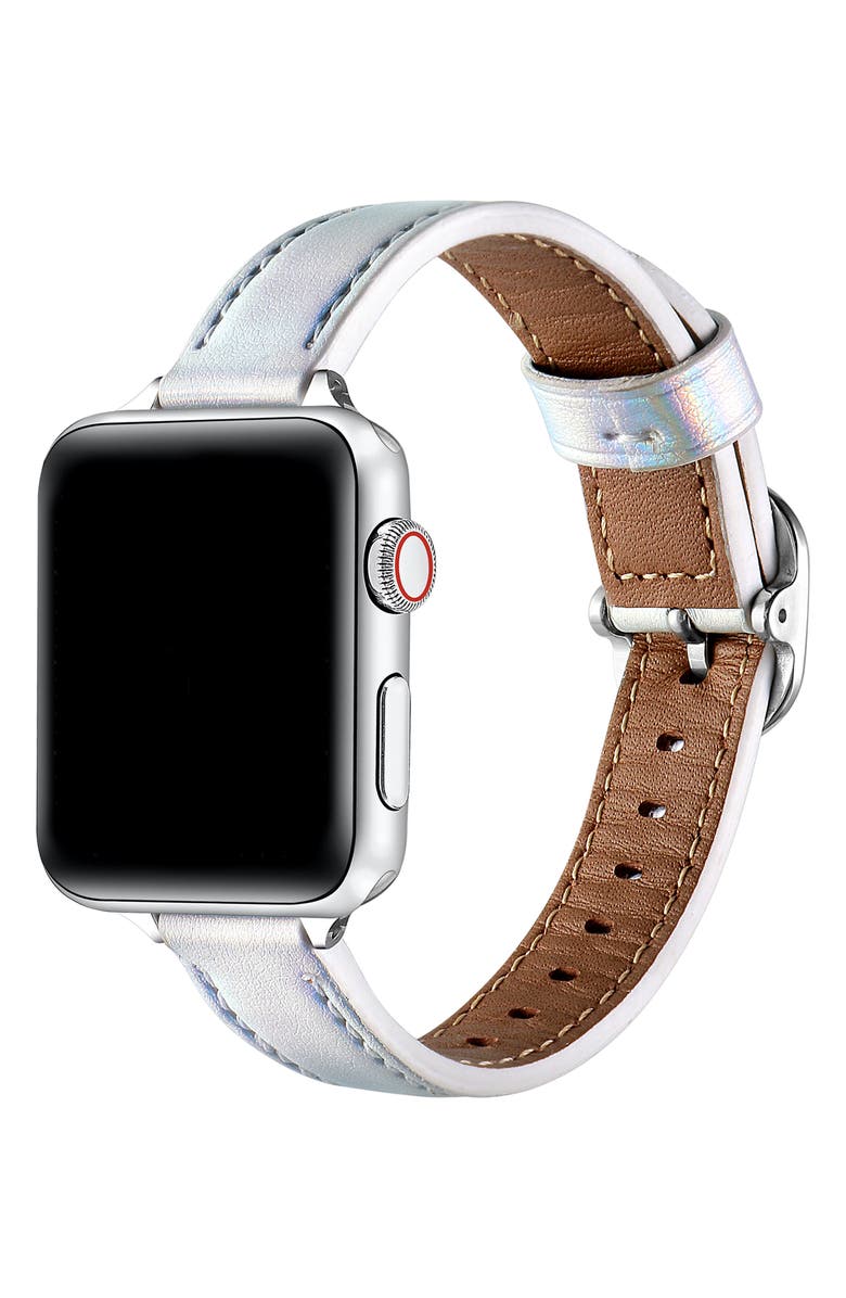 The Posh Tech Carmen Skinny Metallic Leather Apple Watch<sup>®</sup> Watchband, Alternate, color, Silver