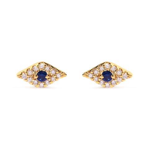 10K Yellow Gold Blue Sapphire and Diamond Accent Evil Eye Stud Earring