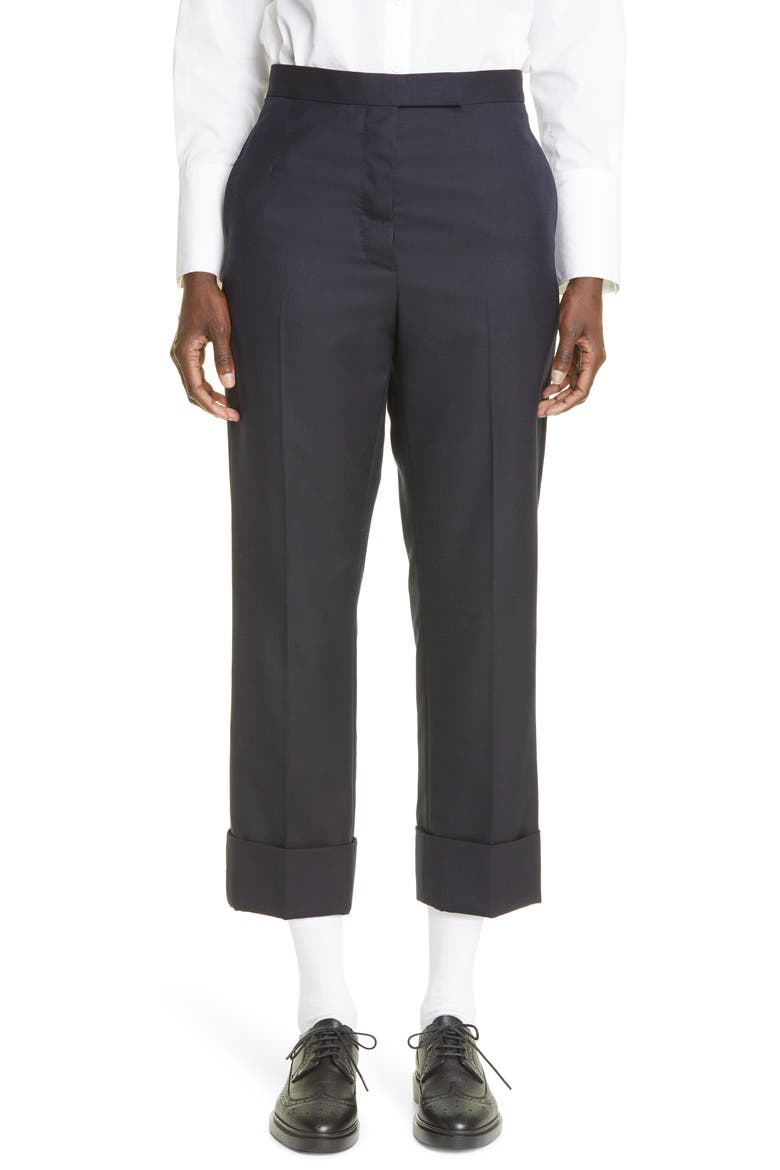 Back Strap Wool Cuff Crop Pants, Main, color, NAVY