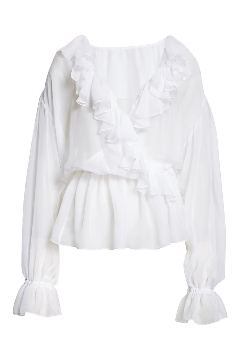 Ruffle Long Sleeve Silk Chiffon Top, Alternate, color, BIANCO OTTICO