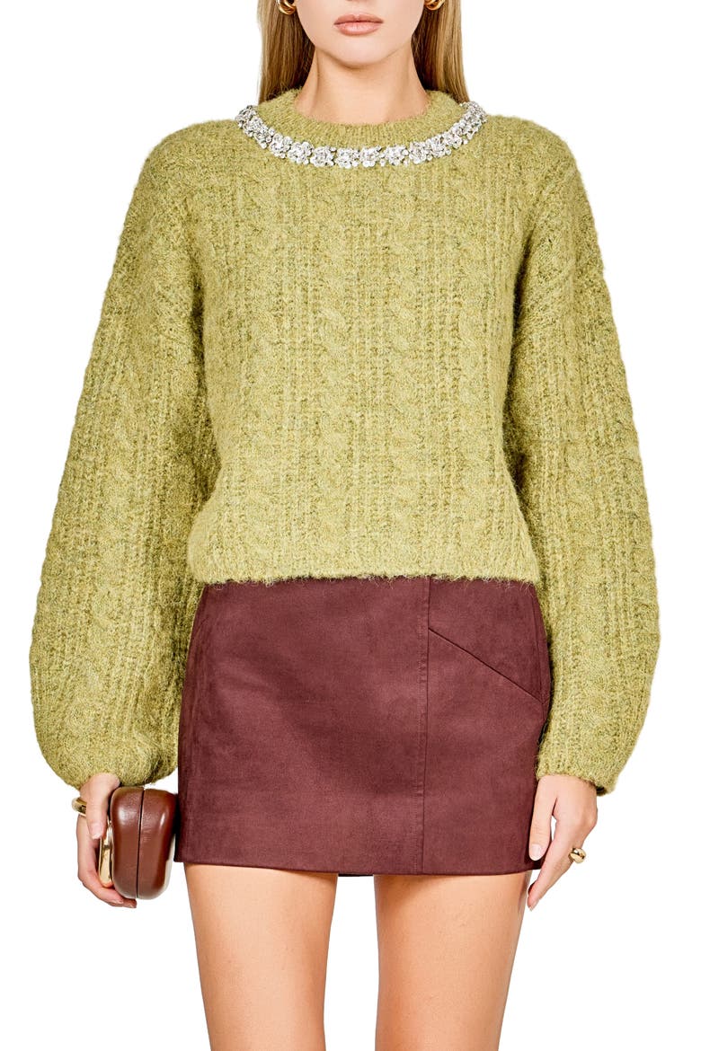 Jewel Fuzzy Cable Stitch Sweater, Main, color, CHARTREUSE