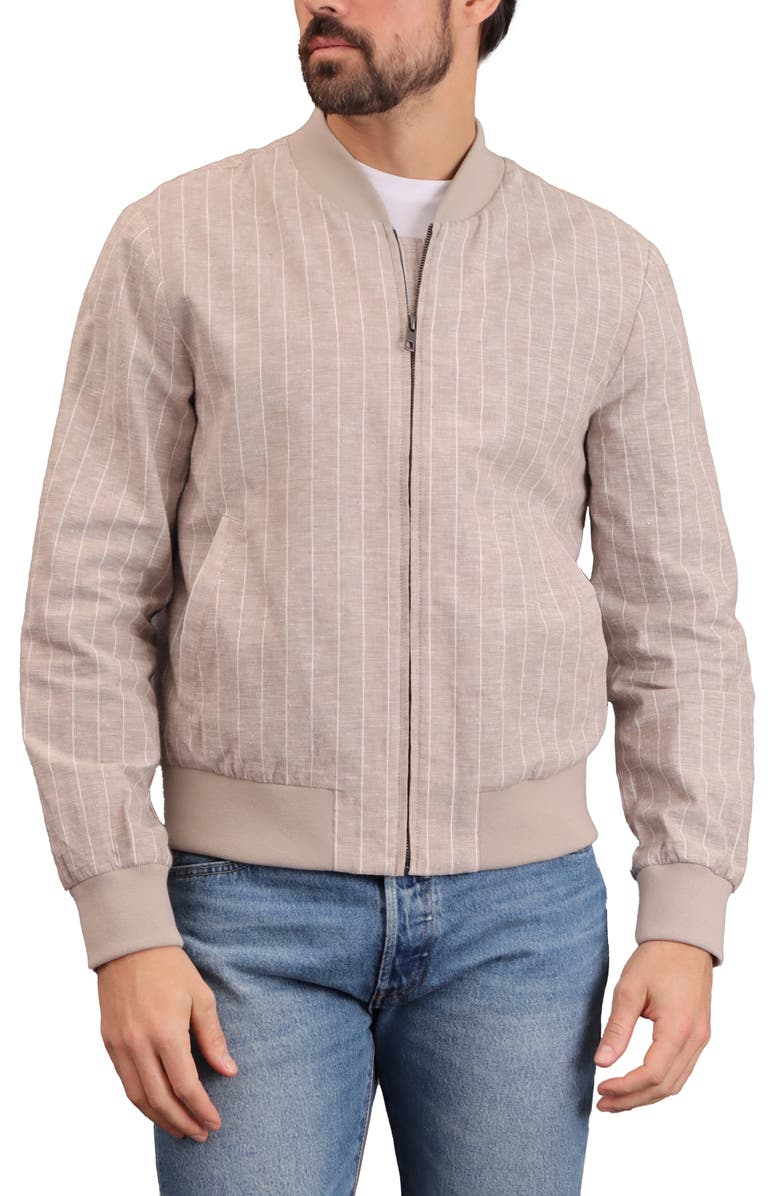 Bagatelle Pinstripe Cotton & Linen Bomber Jacket, Alternate, color, Neutral Pinstripe