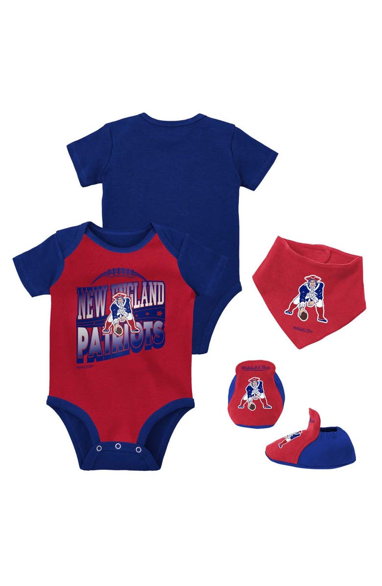 Mitchell & Ness Newborn & Infant Mitchell & Ness Red/Royal New England Patriots Throwback Big Score Bodysuit, Bib & Bootie Set, Main, color, Red