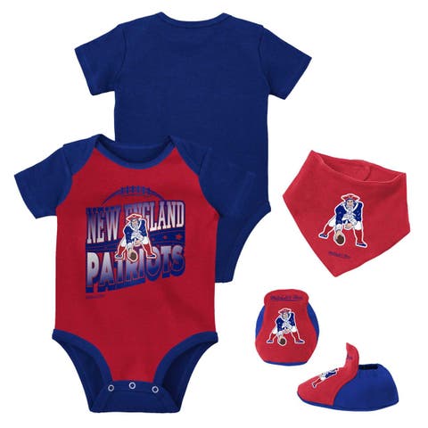 Newborn & Infant Mitchell & Ness Red/Royal New England Patriots Throwback Big Score Bodysuit, Bib & Bootie Set