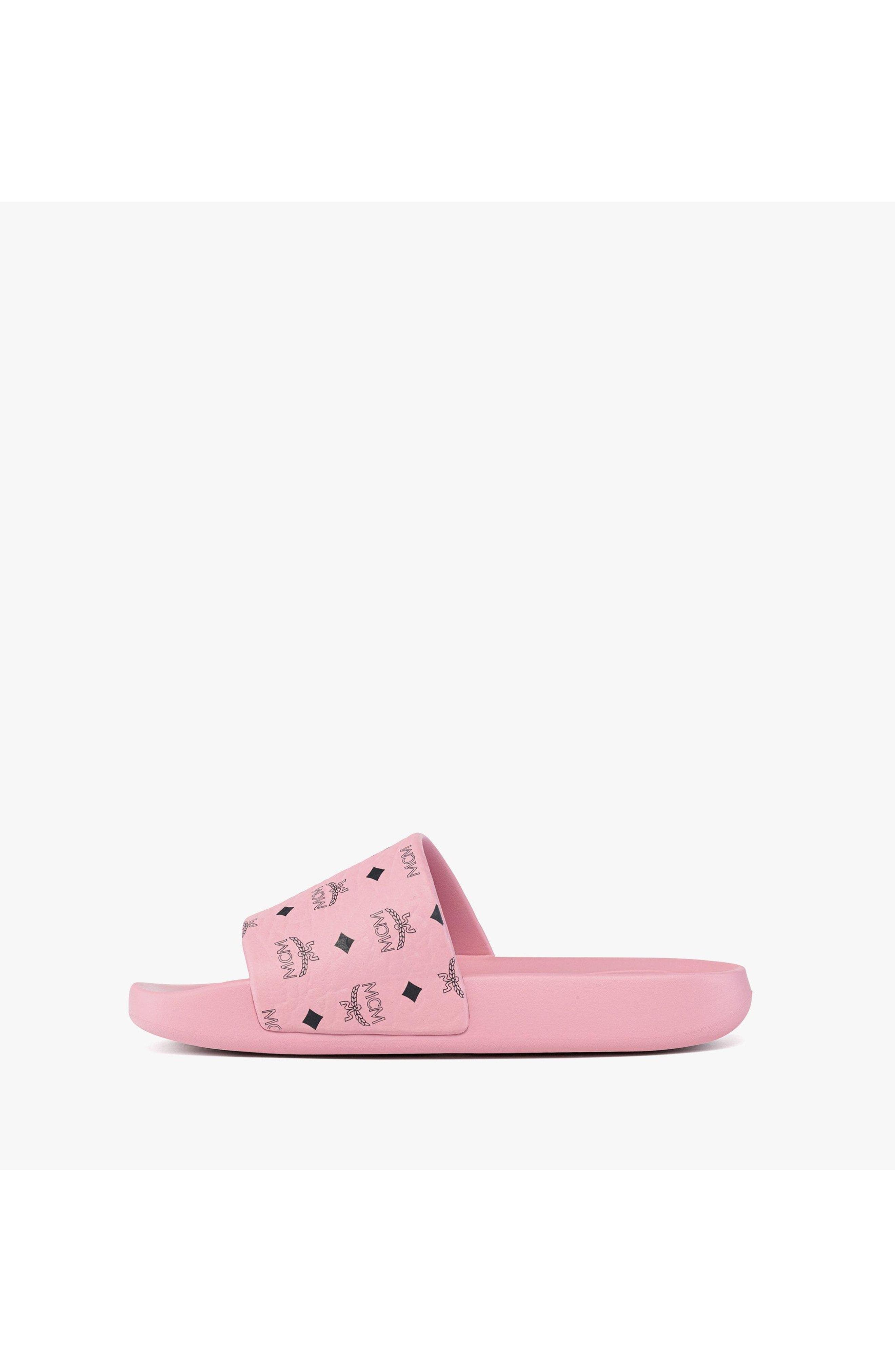 MCM Women's Monogram Print Rubber Slides, Alternate, color, Soft Pink