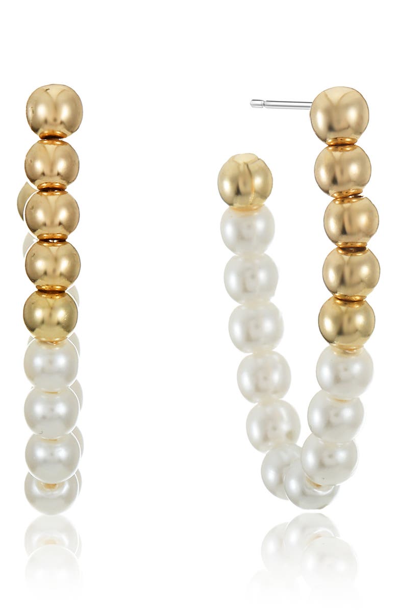 Ettika Metallic Beaded Faux Pearl Hoop Earrings, Main, color, Gold