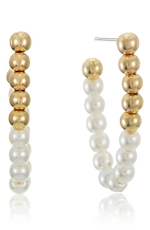 Metallic Beaded Faux Pearl Hoop Earrings