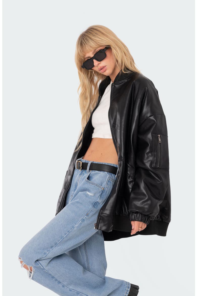 Oversize Faux Leather Bomber Jacket, Alternate, color, BLACK