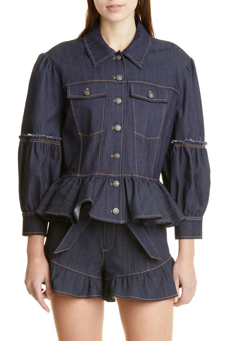 Lizzie Peplum Denim Jacket, Main, color, INDIGO