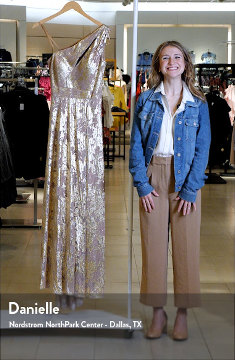 Metallic Floral One-Shoulder Sheath Gown, sales video thumbnail