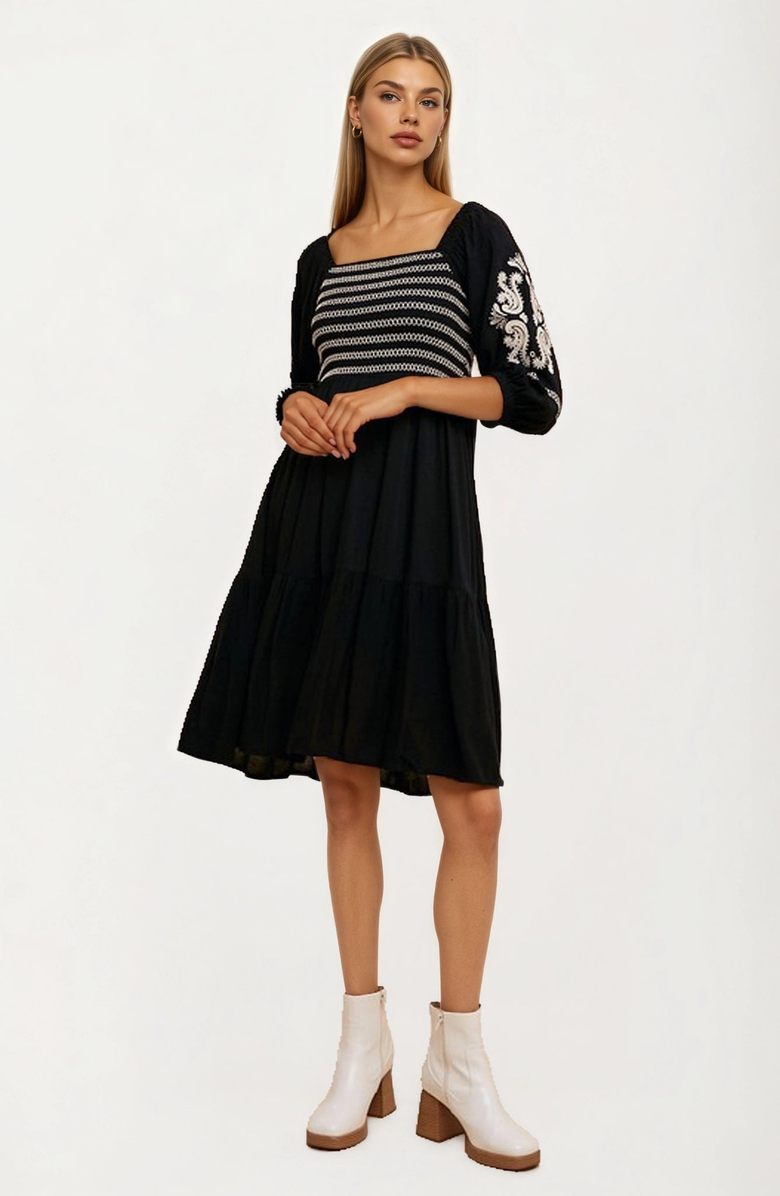 Knit and Lounge Embroidered Square-Neck Three-Quarter-Sleeve Dress, Alternate, color, 