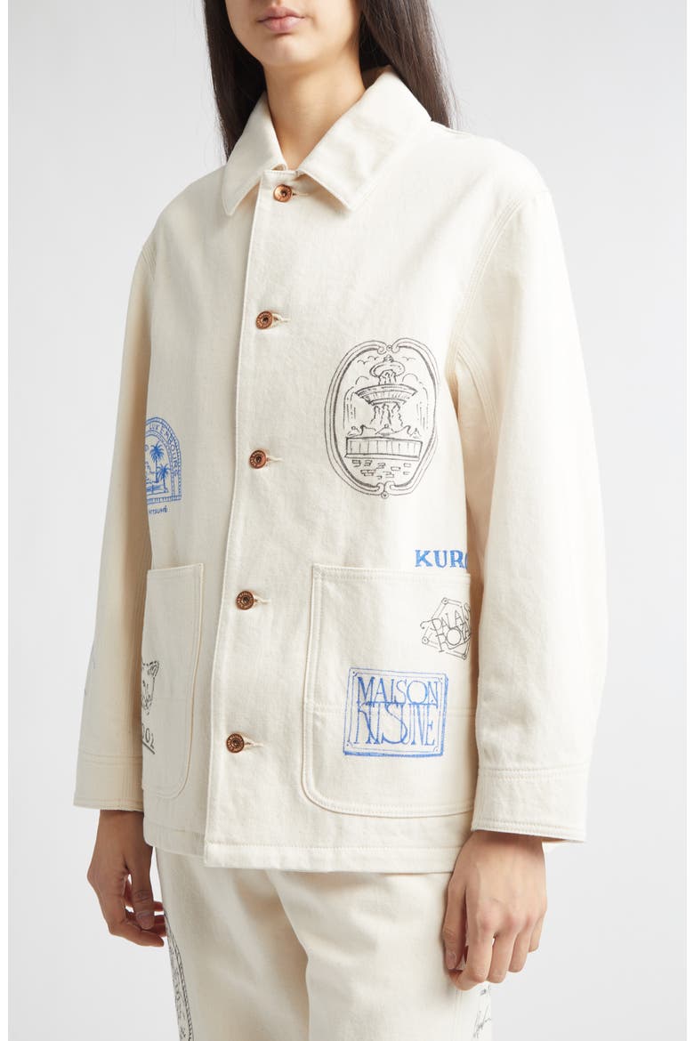 x Maison Kitsuné Hand Painted Postcard Denim Chore Jacket, Alternate, color, OFF WHITE