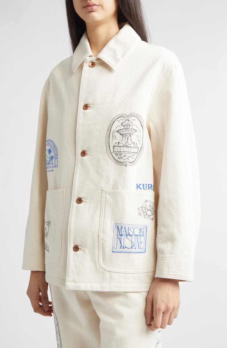 KURO x Maison Kitsuné Hand Painted Postcard Denim Chore Jacket, Alternate, color, Off White