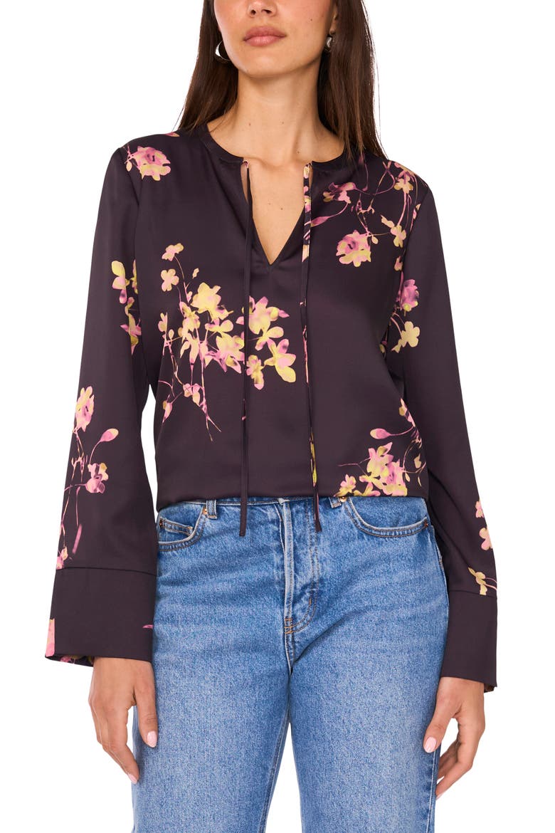 Floral Split Neck Top, Alternate, color, RICH BLACK