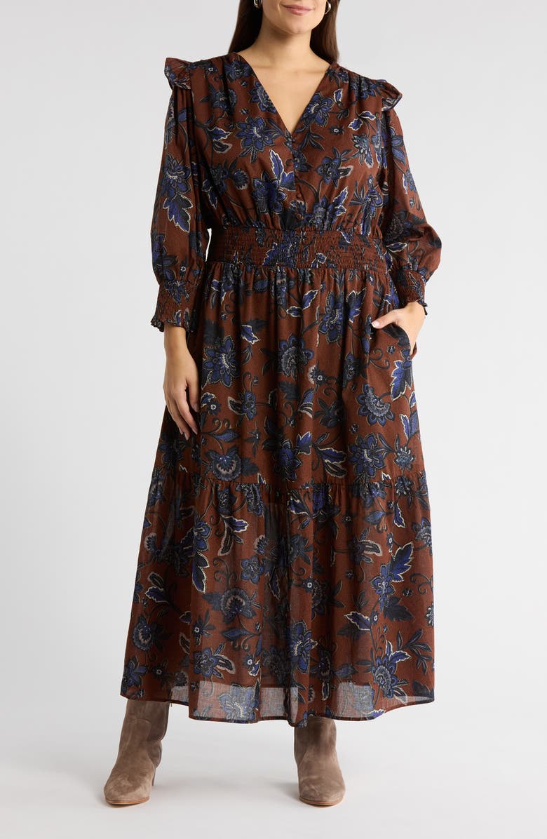 SUGARLIPS Marlina Floral Print Long Sleeve Maxi Dress, Main, color, Brown-Blues