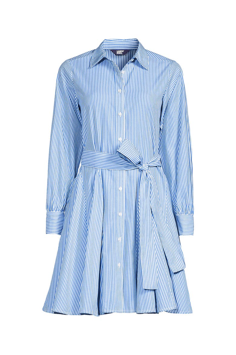 Poplin Button Front Dress with Godets, Alternate, color, Blue/White Mini Stripe