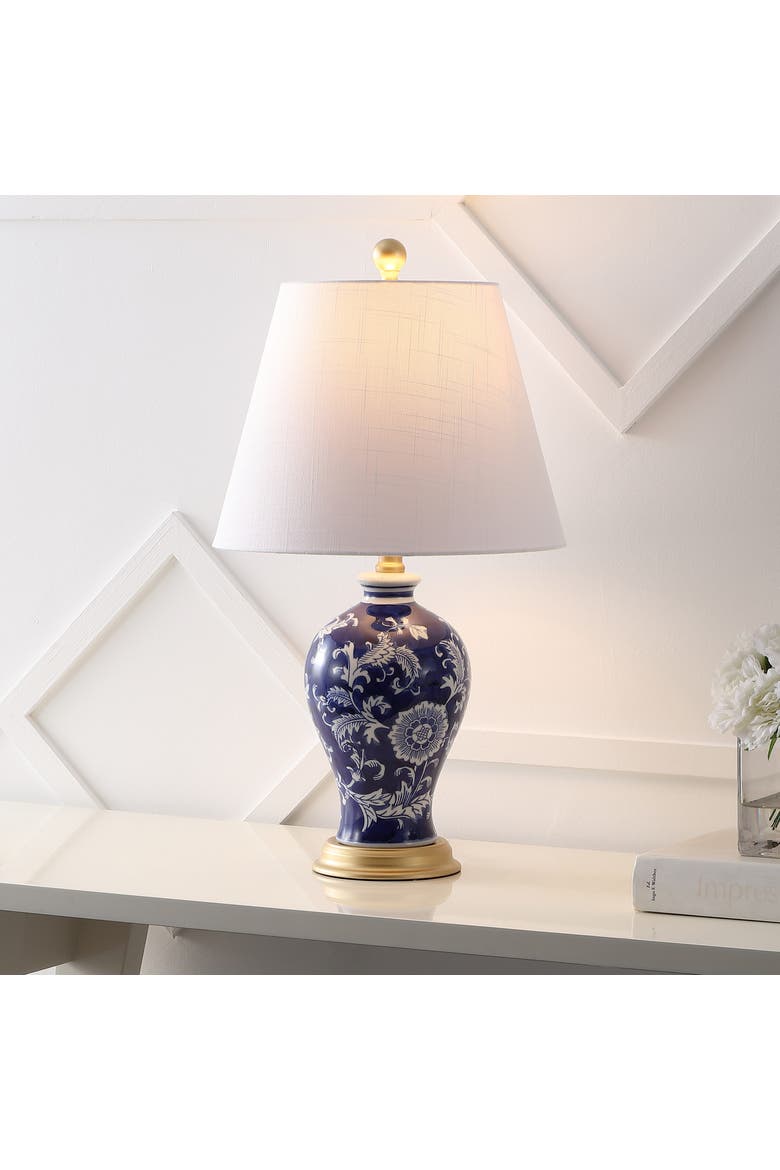 Grace French Country Cottage Ceramic/Iron Floral Urn LED Table Lamp, Main, color, Navy/White