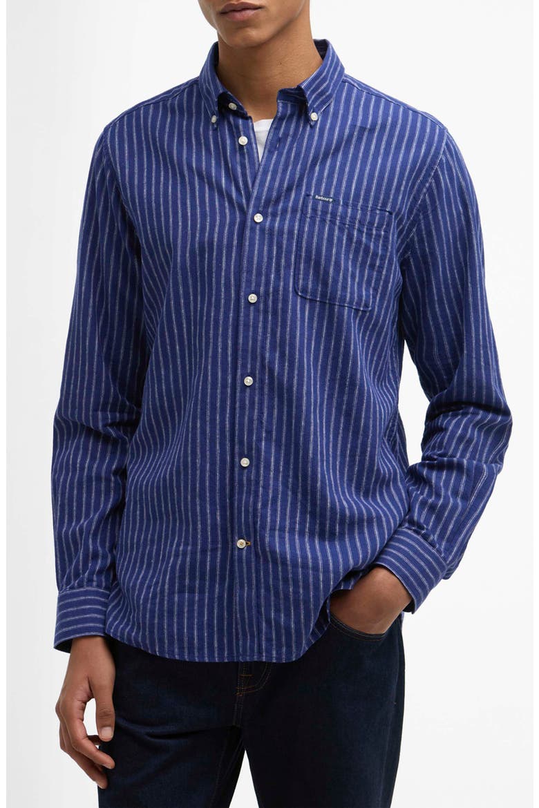 Nelson Tailored Fit Stripe Linen & Cotton Button-Down Shirt, Main, color, INDIGO