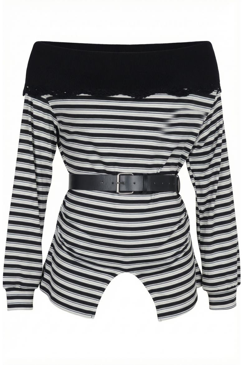Off Shoulder Striped Knit Belted Top, Alternate, color, Black / White / Grey