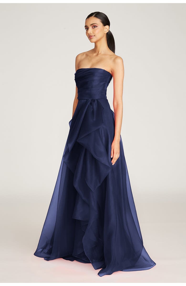 Theia Teresa Strapless Draped Gown, Alternate, color, Navy