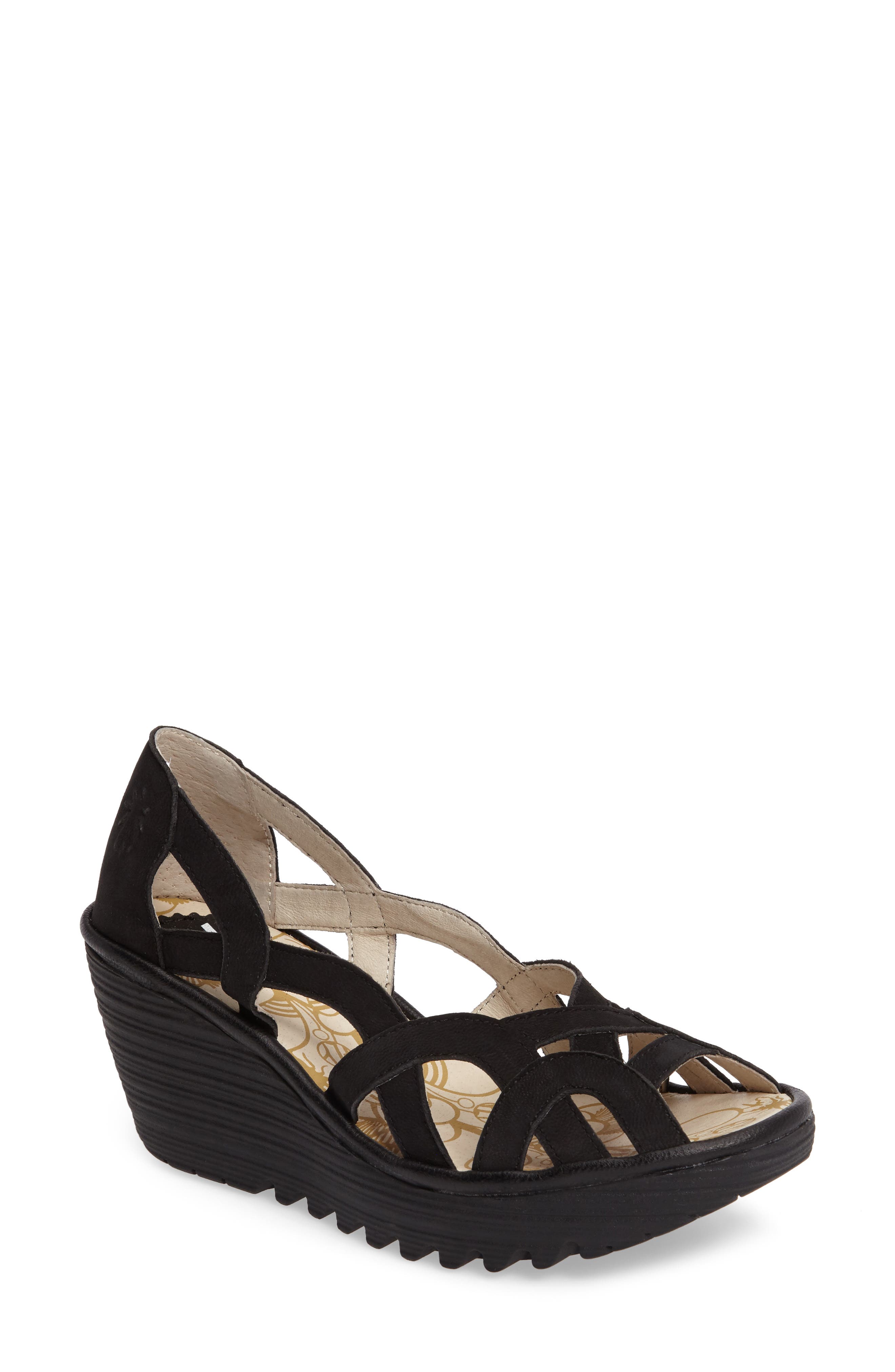 Yadi Wedge Sandal, Main, color, BLACK LEATHER