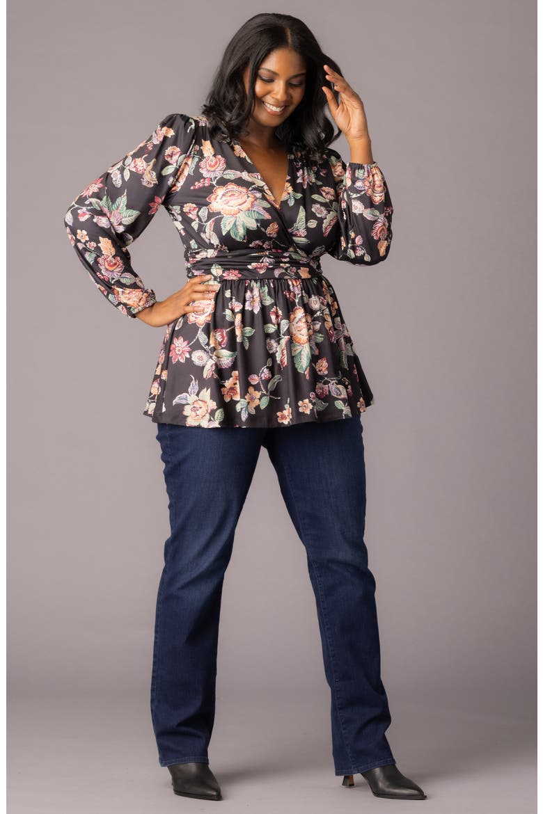 Leah Gathered Top, Alternate, color, BLACK FLORAL MOTIF