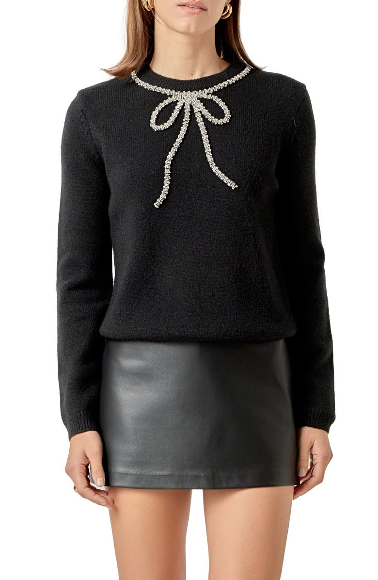 English Factory Rhinestone Bow Sweater, Main, color, Black